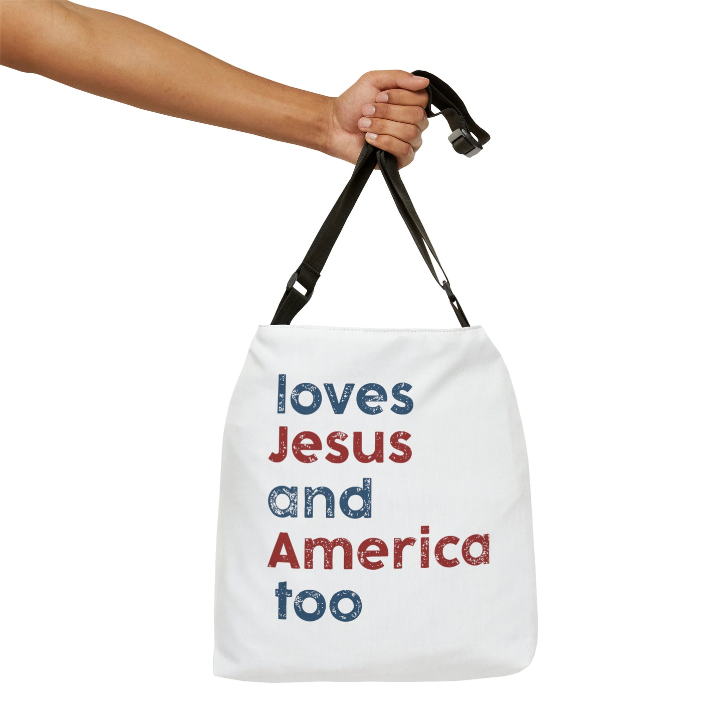 Loves Jesus And America TooAdjustable Tote Bag