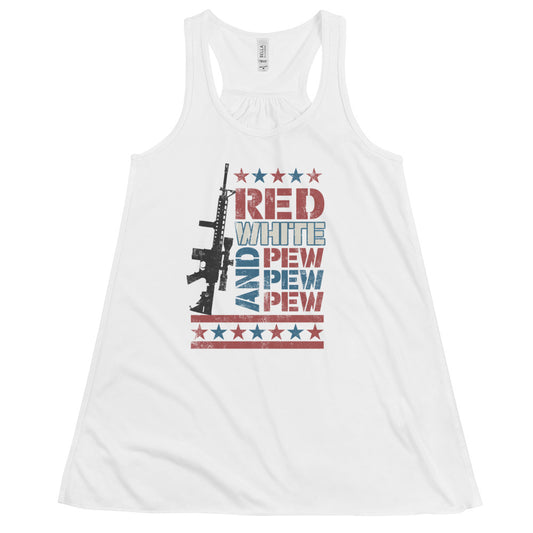 Women's Red White and Pew Pew Pew  Flowy Racerback Tank